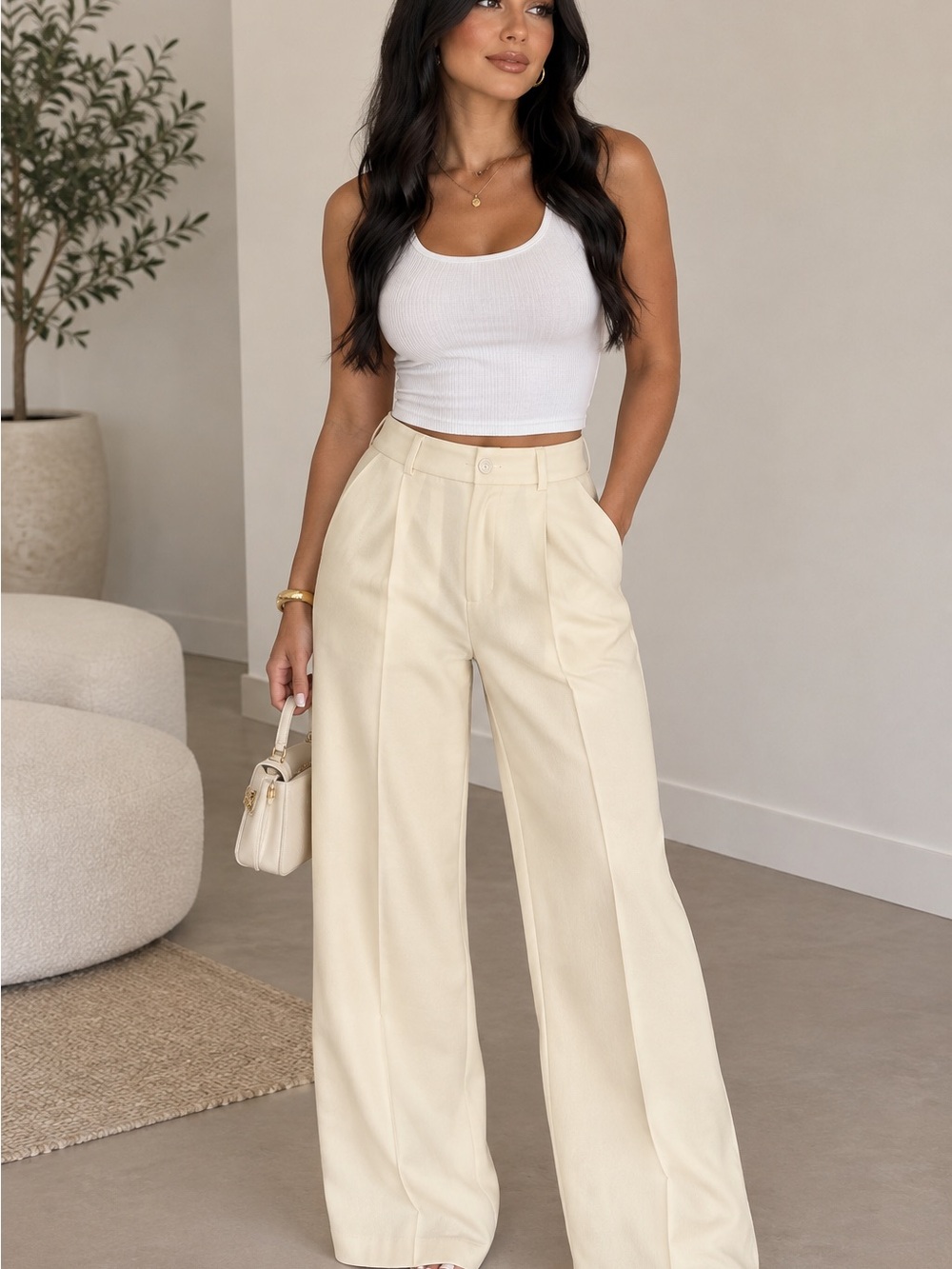Wide Leg High-Waist Cream Trousers - Picture 1 of 3